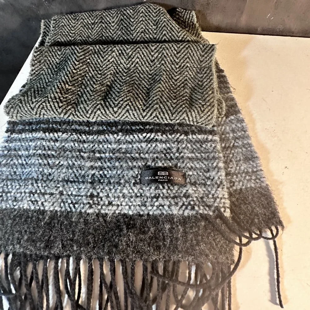 Balenciaga Scarf Unisex Black Gray Tweed Black BLue Gray Herringbone Chevron